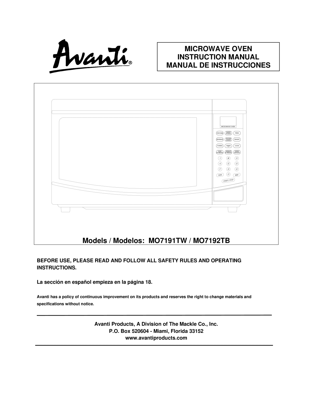 Avanti MO7191TW instruction manual Microwave Oven Manual DE Instrucciones, La sección en español empieza en la página 