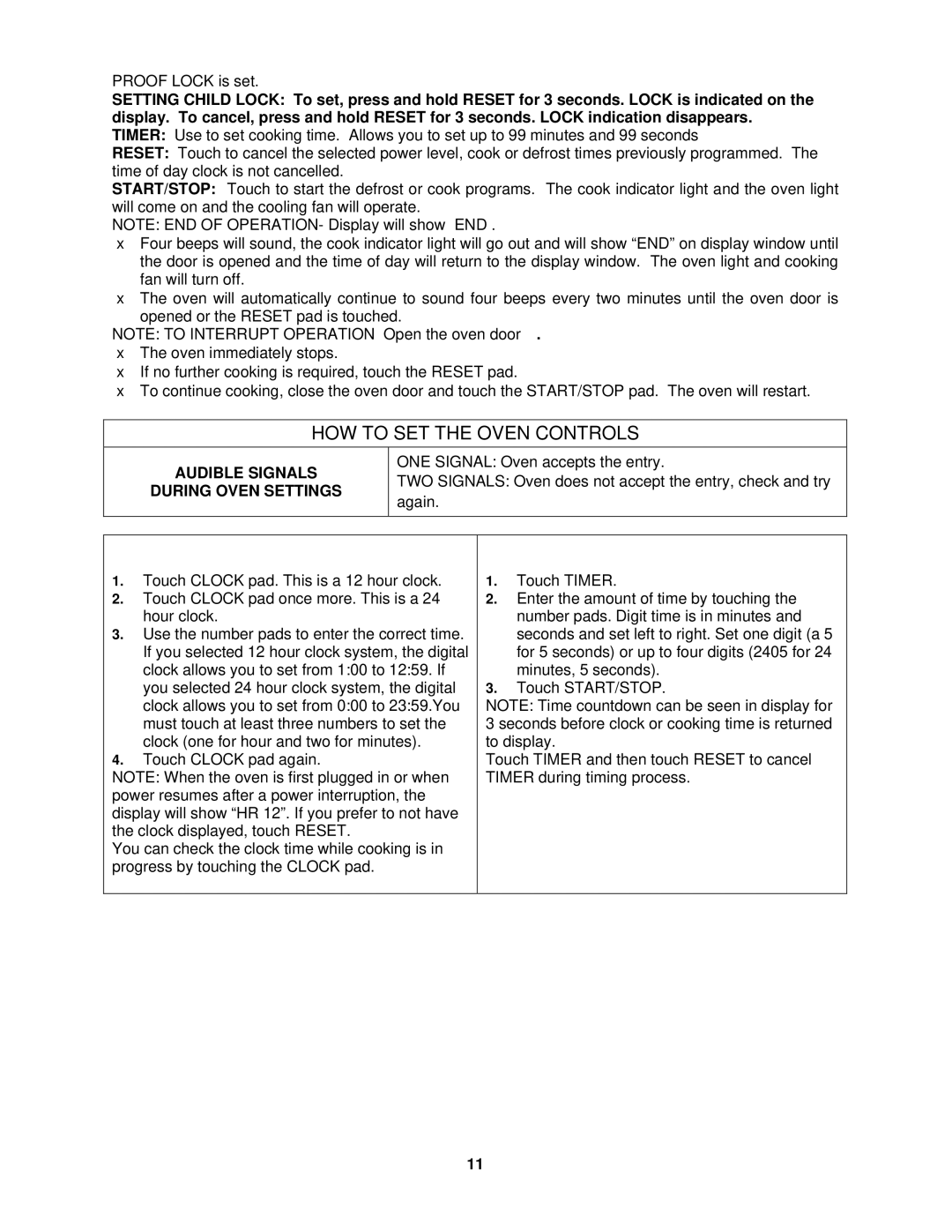 Avanti MO7191TW instruction manual Audible Signals During Oven Settings, Setting the Clock, Setting the Oven Timer 