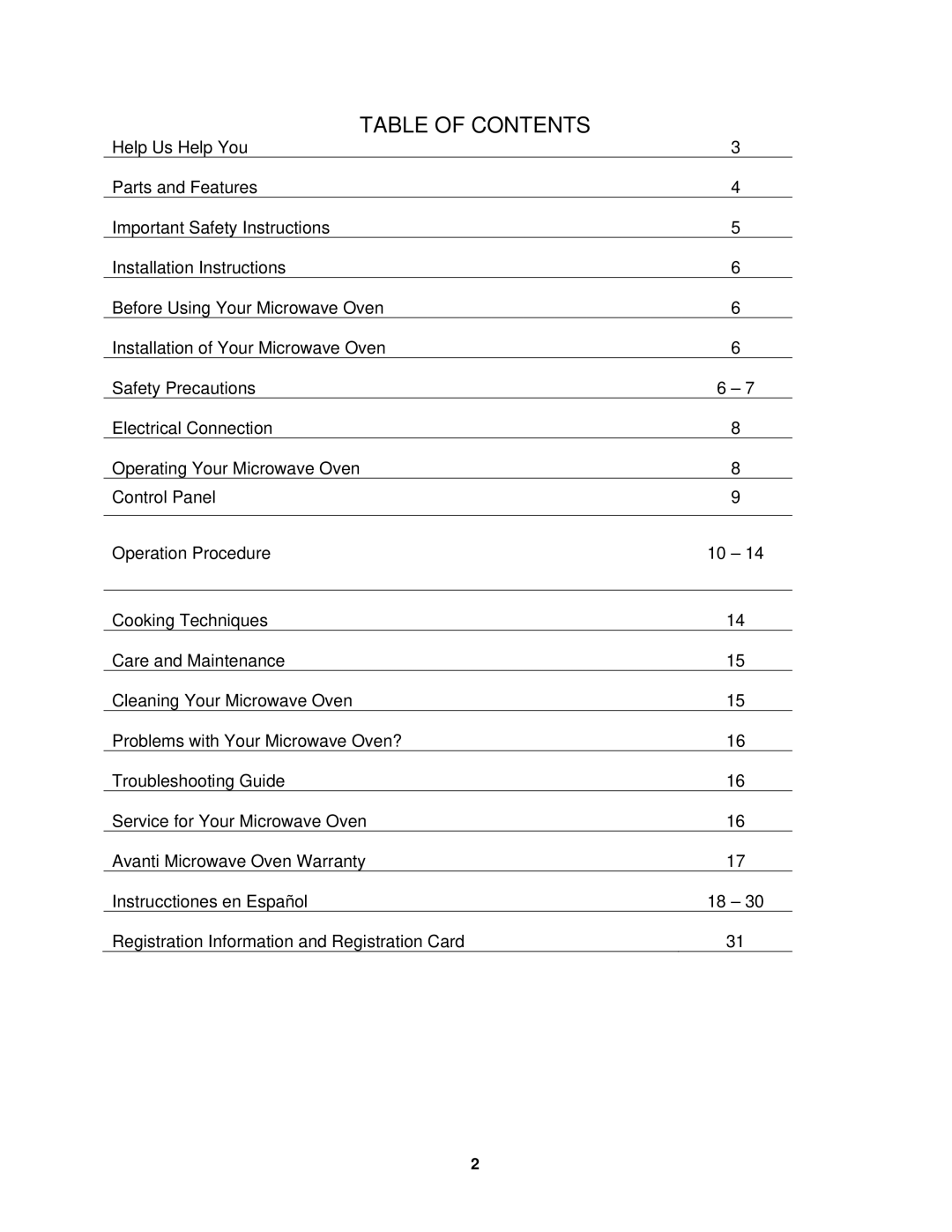 Avanti MO7191TW instruction manual Table of Contents 