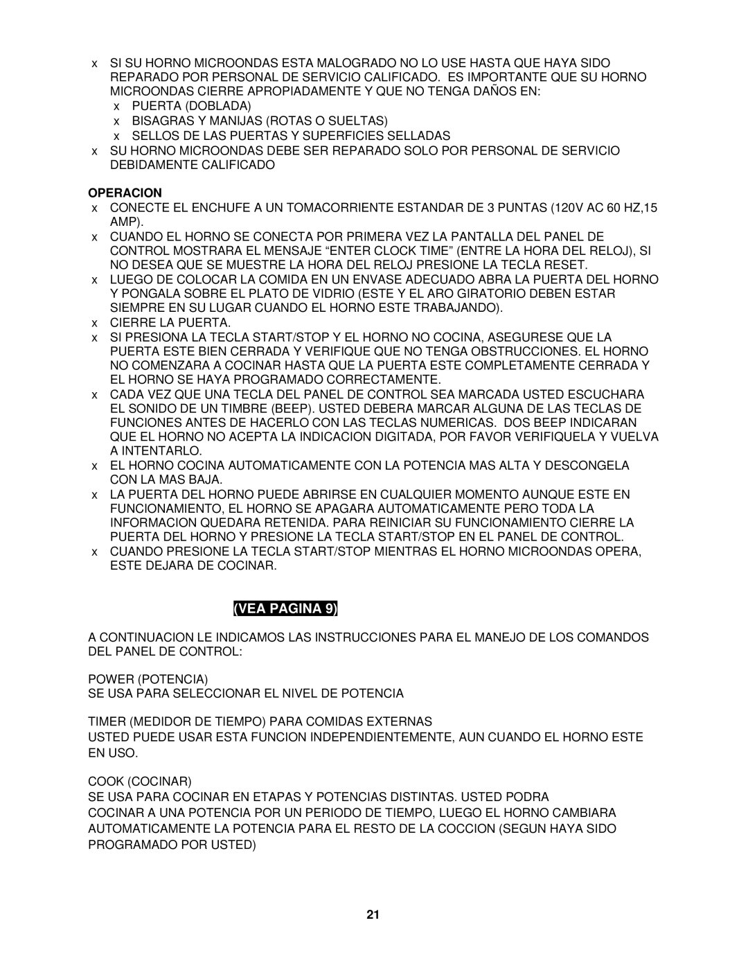 Avanti MO7191TW instruction manual Panel DE Control VEA Pagina, Operacion 