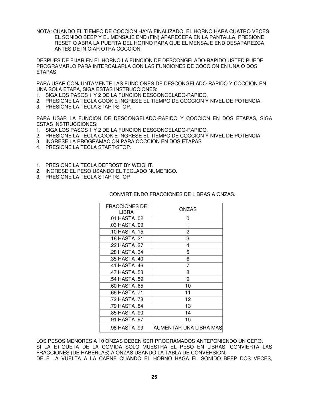 Avanti MO7191TW instruction manual Descongelamiento POR Peso Defrost by Weight 