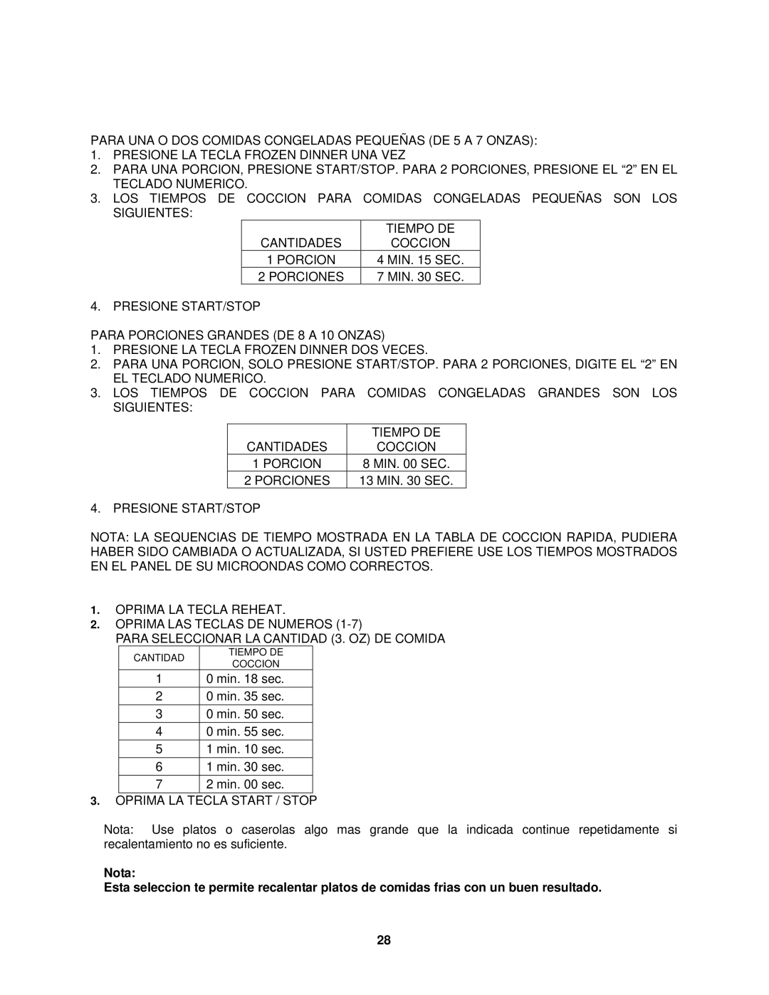 Avanti MO7191TW instruction manual Comidas Congeladas Frozen Dinner, Recalentar Reheat 