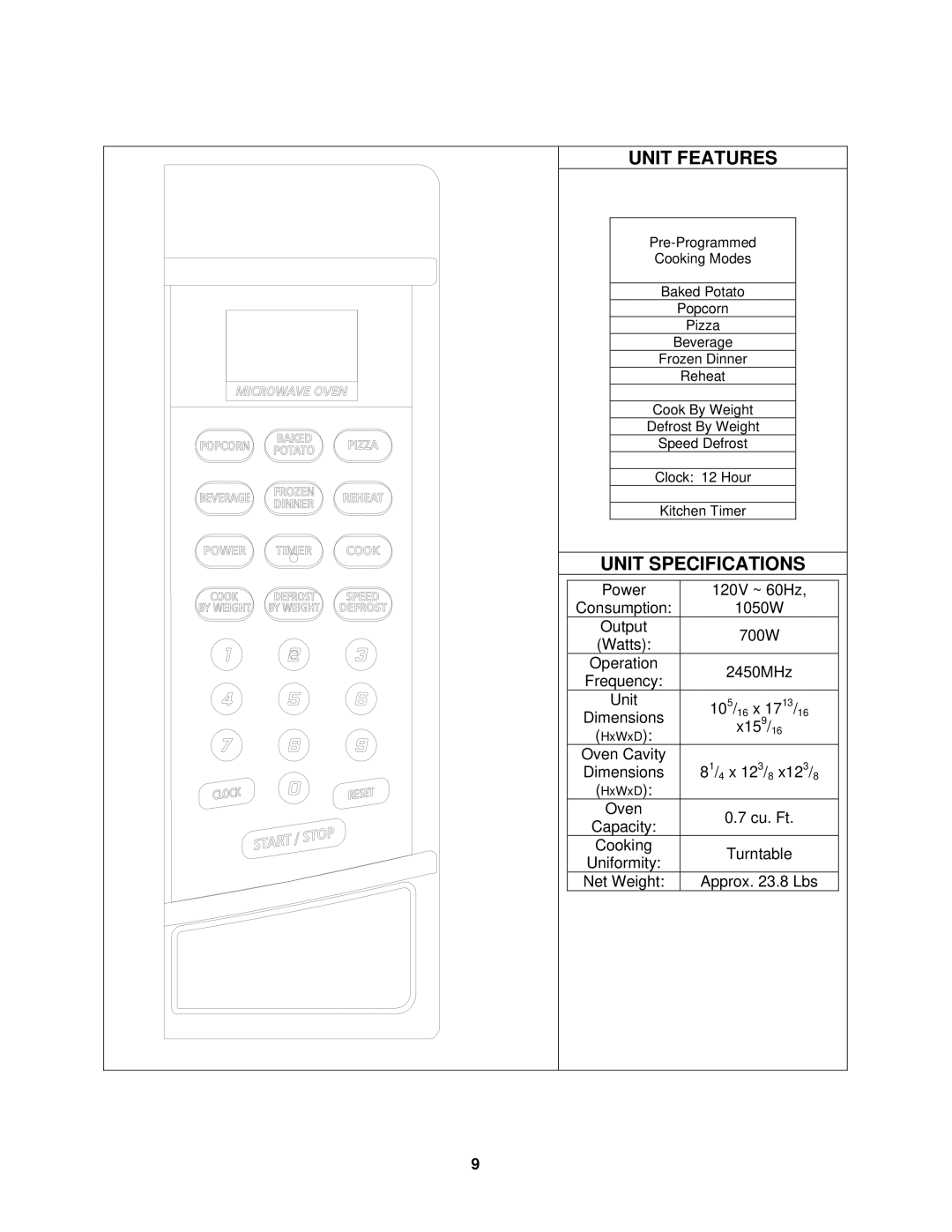 Avanti MO7191TW instruction manual Unit Features, Control Panel 