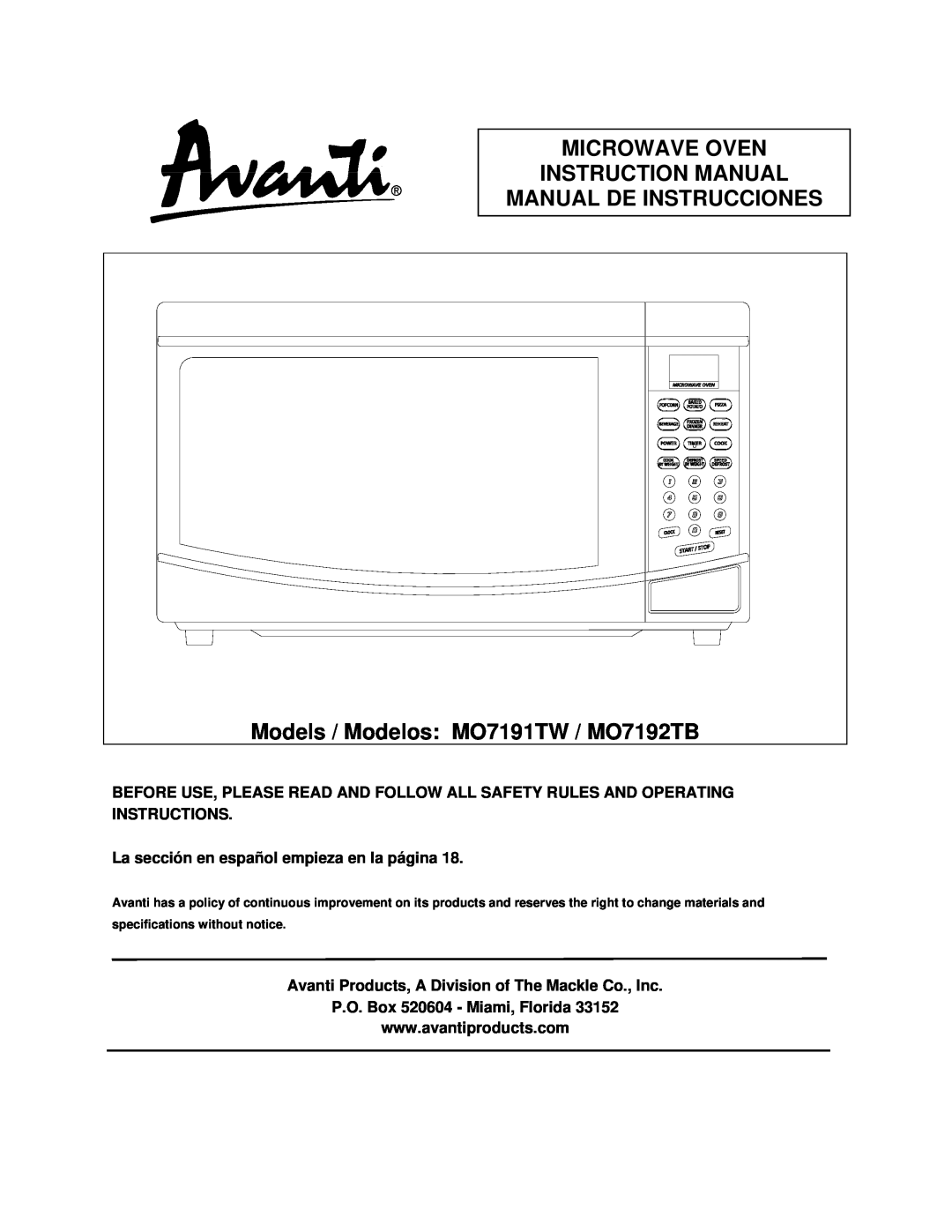 Avanti instruction manual Manual De Instrucciones, Models / Modelos MO7191TW / MO7192TB 