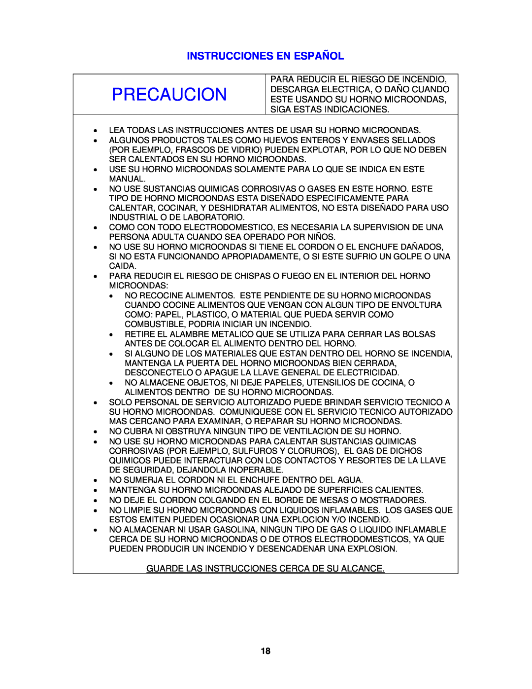 Avanti MO7191TW instruction manual Instrucciones En Español, Precaucion 