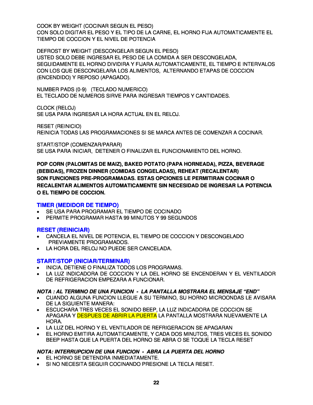 Avanti MO7191TW instruction manual Timer Medidor De Tiempo, Reset Reiniciar, Start/Stop Iniciar/Terminar 