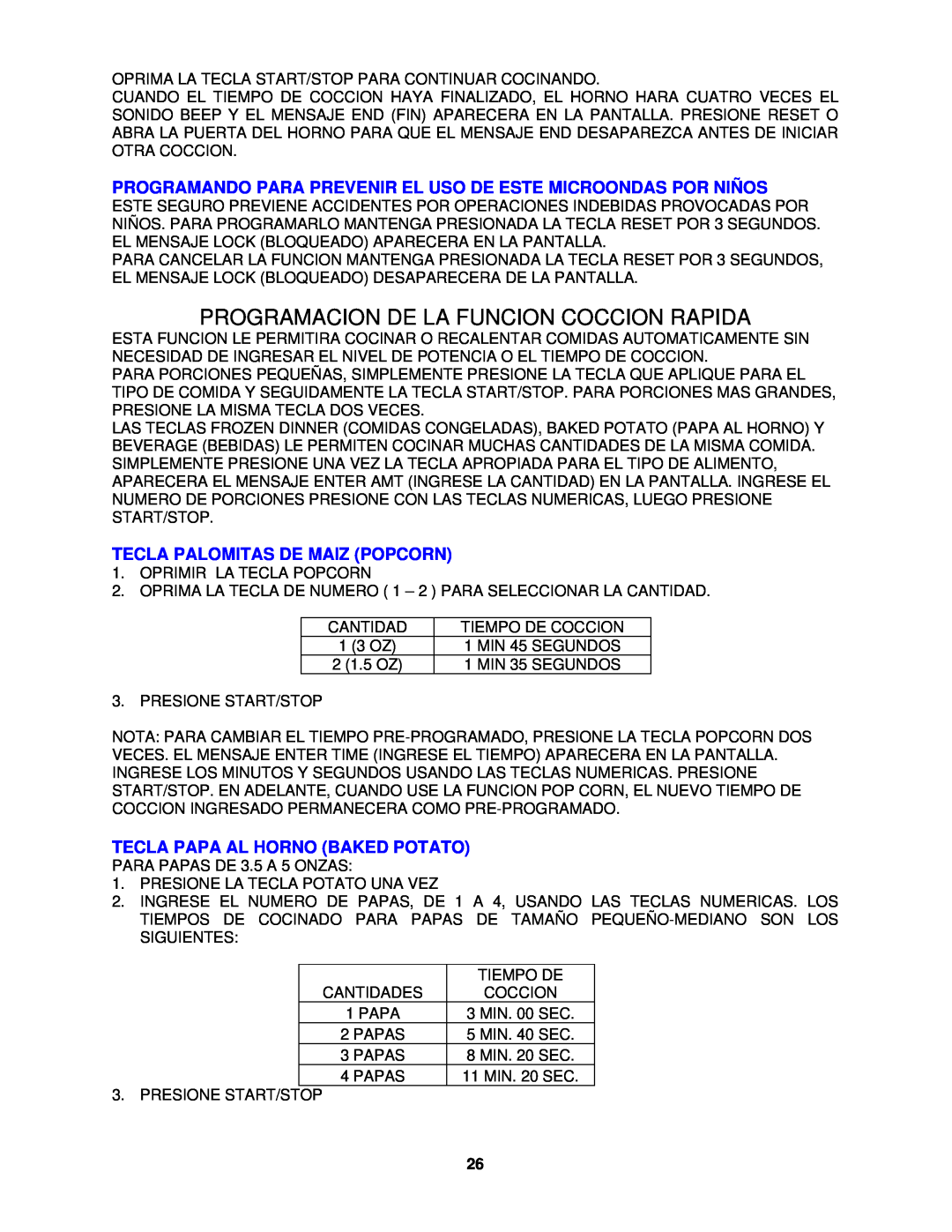 Avanti MO7191TW instruction manual Programacion De La Funcion Coccion Rapida, Tecla Palomitas De Maiz Popcorn 