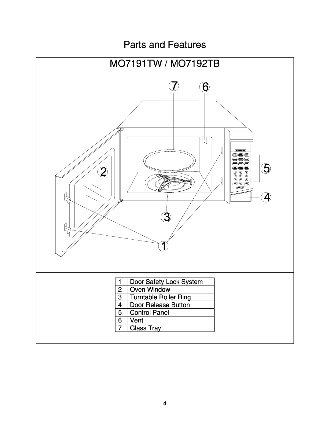 Avanti instruction manual Parts and Features, MO7191TW / MO7192TB 