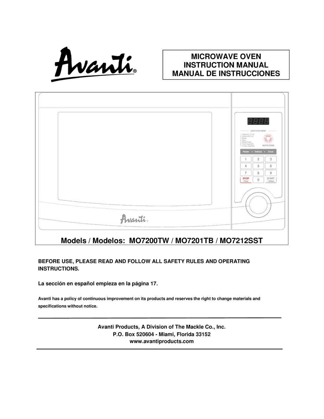 Avanti MO7201TB operating instructions Microwave Oven Manual DE Instrucciones, La sección en español empieza en la página 