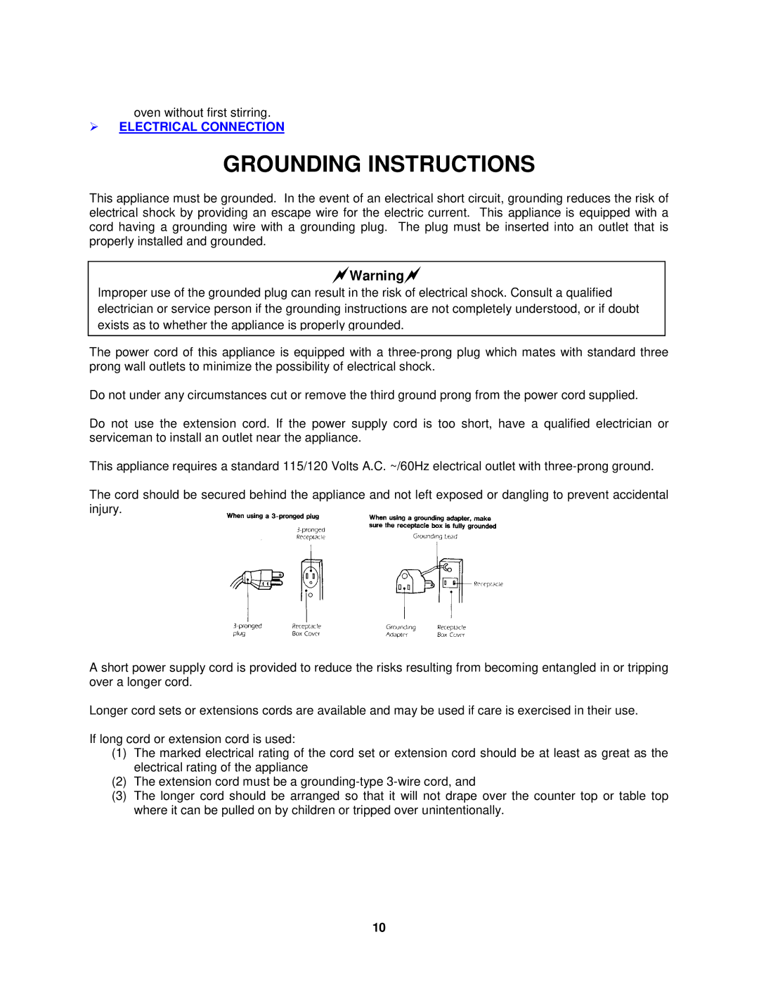 Avanti MO7201TB, MO7200TW, MO7212SST operating instructions Grounding Instructions,  Electrical Connection 