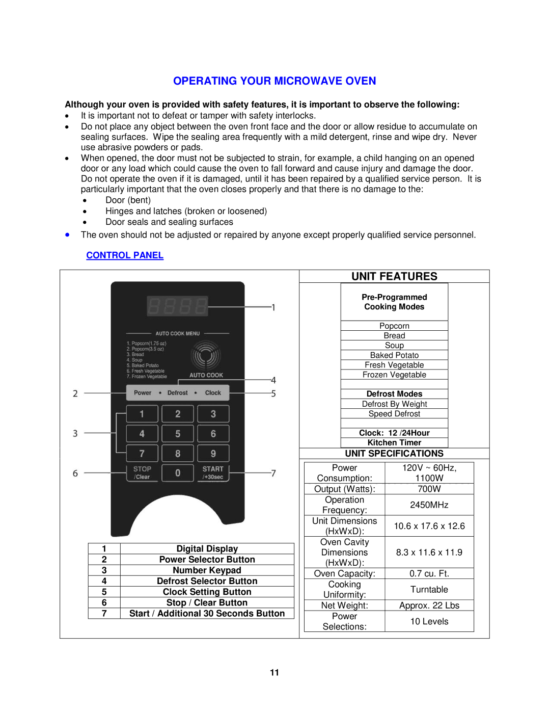 Avanti MO7212SST, MO7200TW, MO7201TB operating instructions Operating Your Microwave Oven, Control Panel, Unit Specifications 