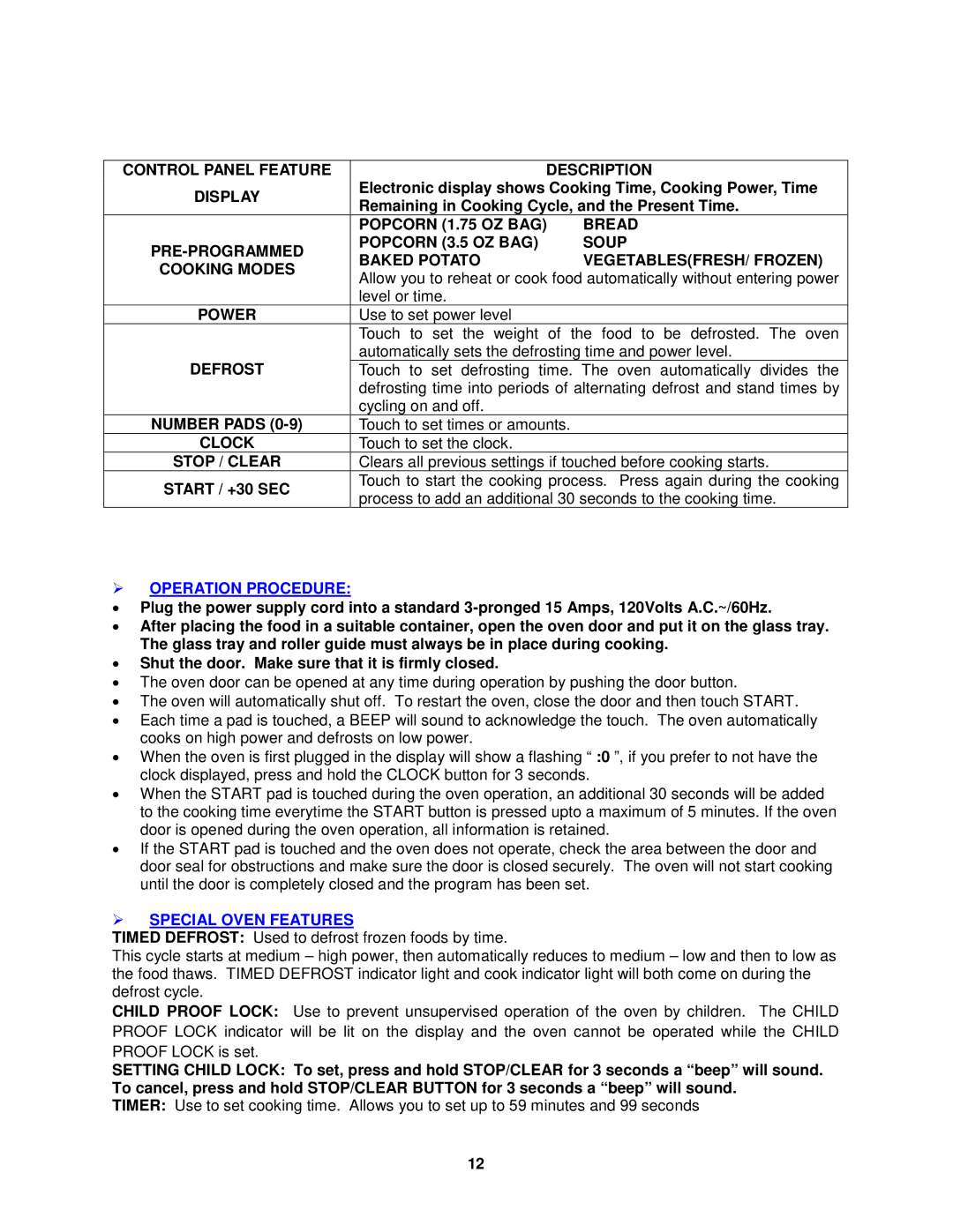 Avanti MO7200TW, MO7201TB, MO7212SST operating instructions  Operation Procedure,  Special Oven Features 