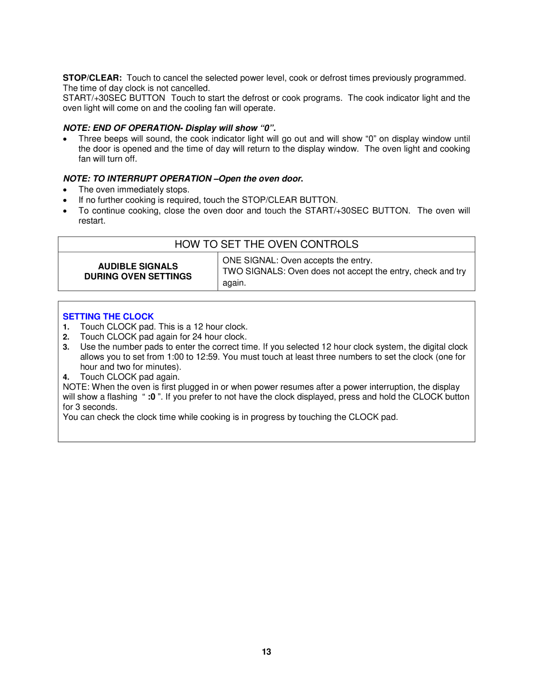 Avanti MO7201TB, MO7200TW, MO7212SST operating instructions Audible Signals During Oven Settings, Setting the Clock 