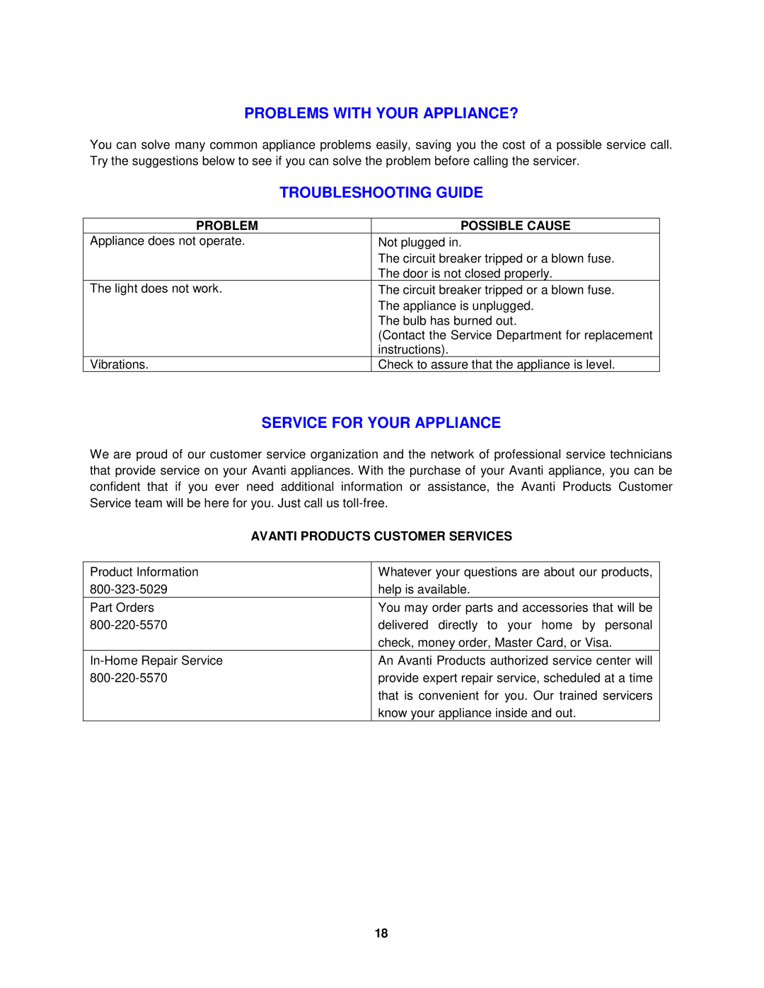 Avanti MO7200TW Problems with Your APPLIANCE?, Troubleshooting Guide, Service for Your Appliance, Problem Possible Cause 