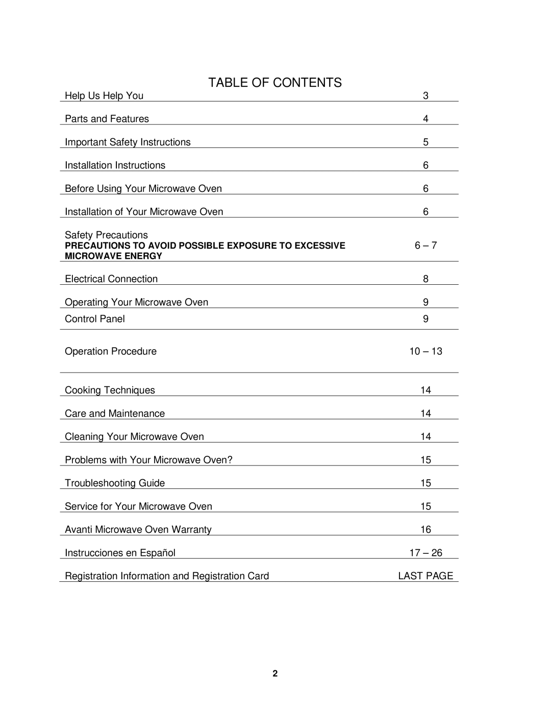 Avanti MO7212SST, MO7200TW, MO7201TB operating instructions Table of Contents 