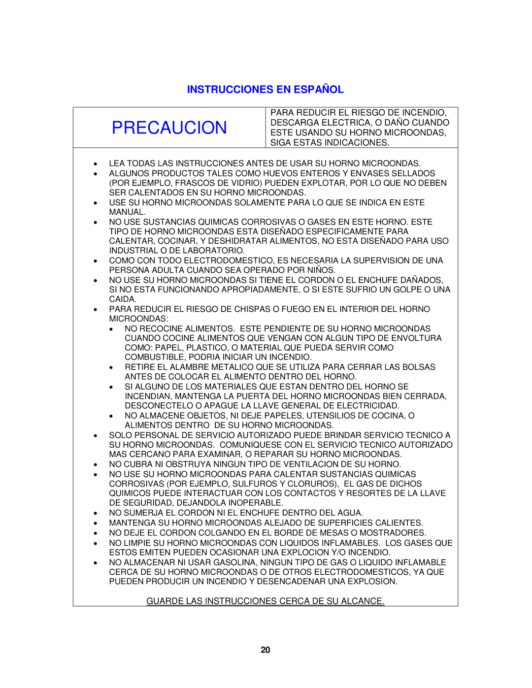 Avanti MO7212SST, MO7200TW, MO7201TB operating instructions Precaucion, Instrucciones EN Español 