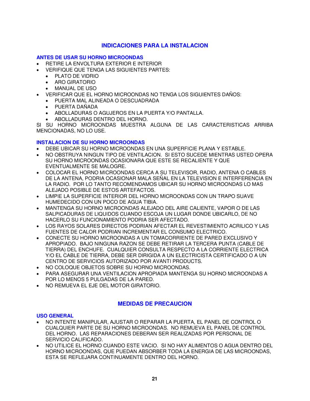 Avanti MO7200TW Indicaciones Para LA Instalacion, Medidas DE Precaucion, Antes DE Usar SU Horno Microondas, USO General 