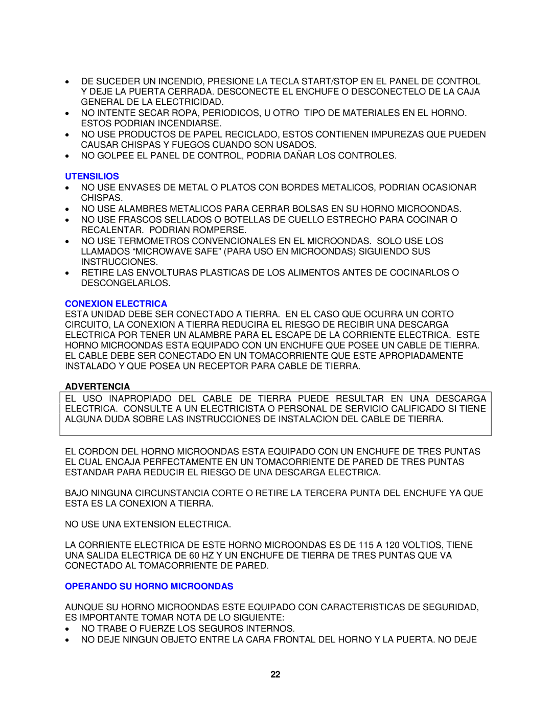 Avanti MO7201TB, MO7200TW, MO7212SST Utensilios, Conexion Electrica, Advertencia, Operando SU Horno Microondas 