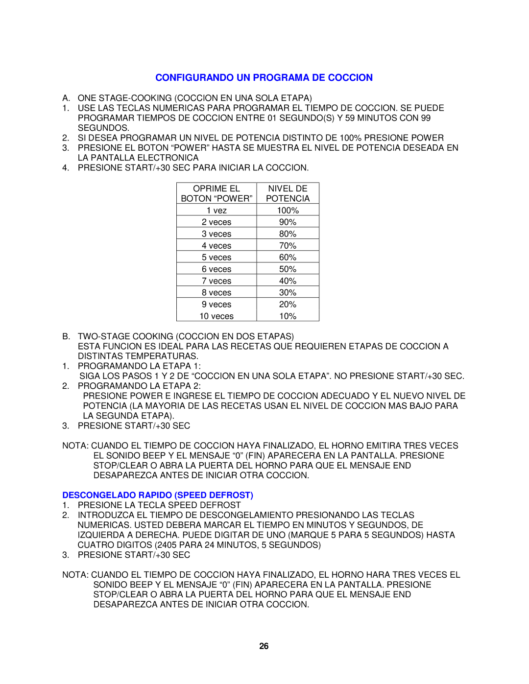 Avanti MO7212SST, MO7200TW, MO7201TB Configurando UN Programa DE Coccion, Descongelado Rapido Speed Defrost 