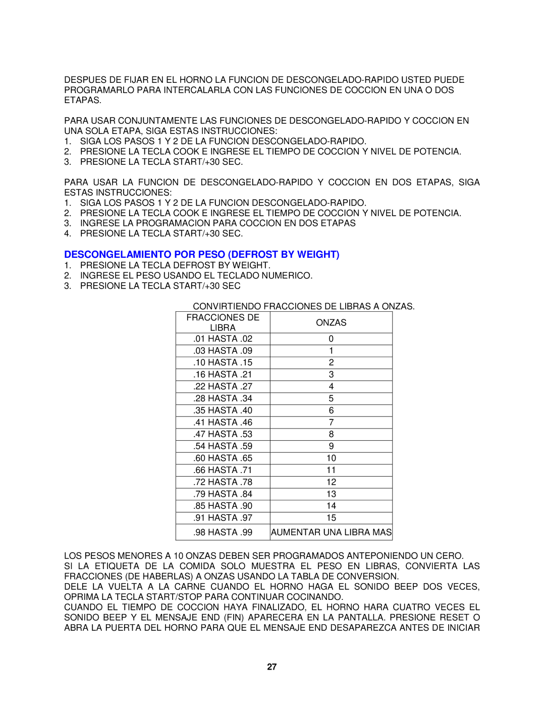 Avanti MO7200TW, MO7201TB, MO7212SST operating instructions Descongelamiento POR Peso Defrost by Weight 