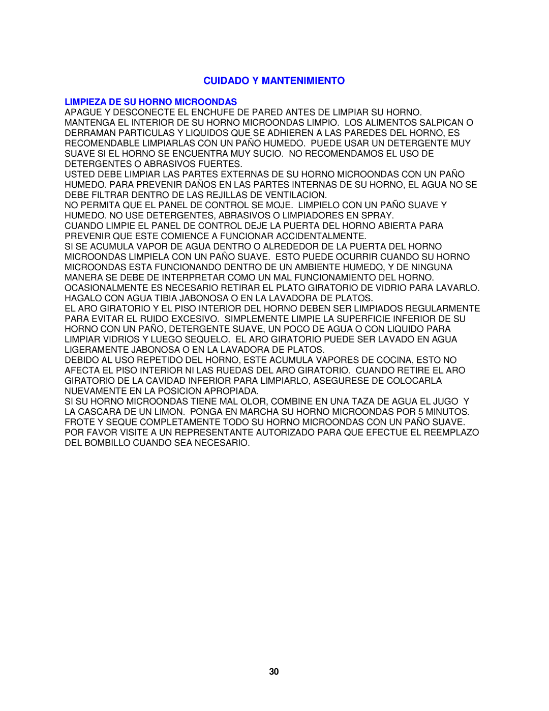 Avanti MO7200TW, MO7201TB, MO7212SST operating instructions Cuidado Y Mantenimiento, Limpieza DE SU Horno Microondas 