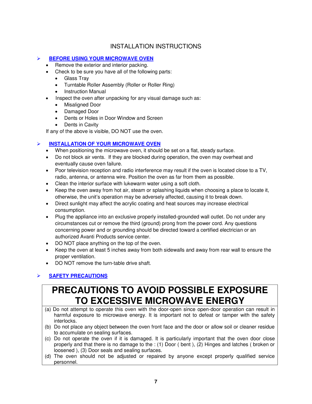 Avanti MO7201TB, MO7200TW  Before Using Your Microwave Oven,  Installation of Your Microwave Oven,  Safety Precautions 