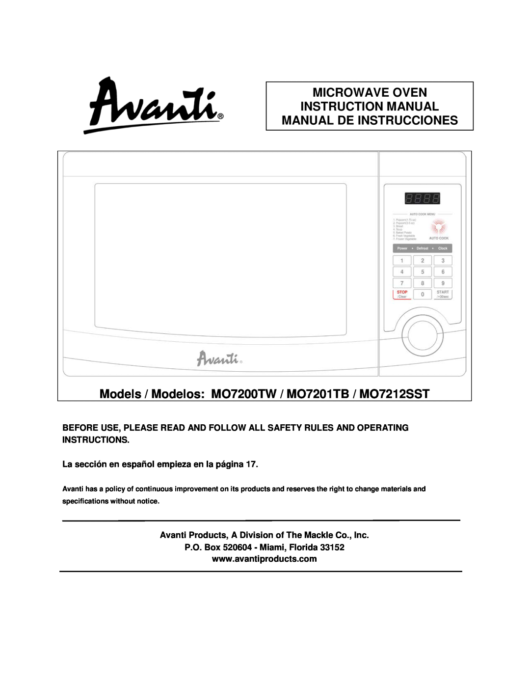 Avanti operating instructions Manual De Instrucciones, Models / Modelos MO7200TW / MO7201TB / MO7212SST 