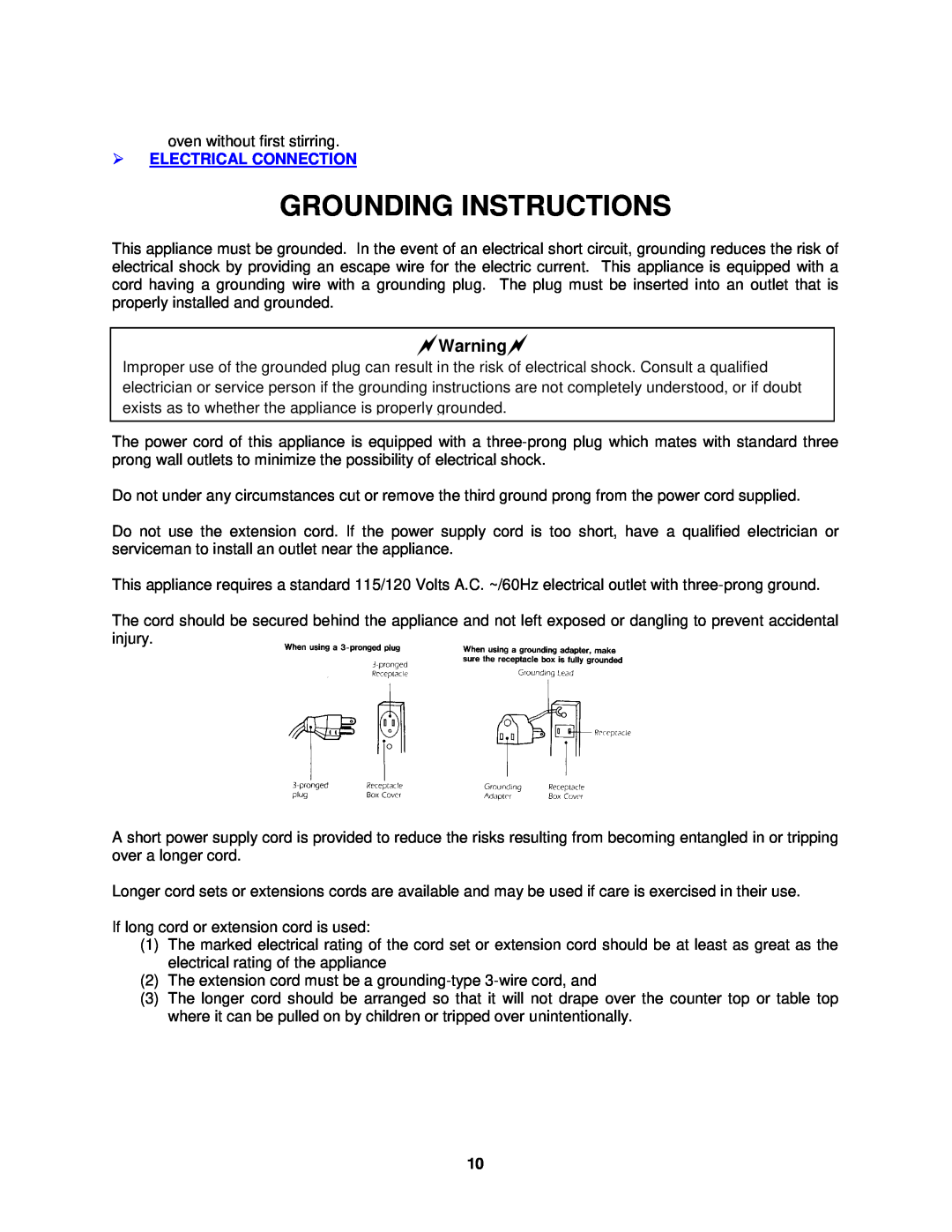 Avanti MO7201TB, MO7200TW, MO7212SST operating instructions Grounding Instructions, Warning, Electrical Connection 