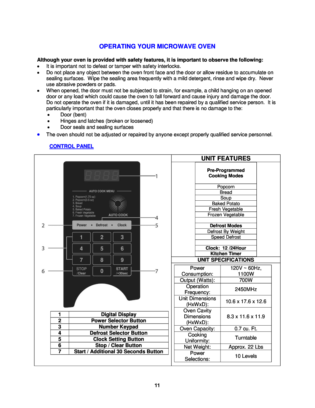 Avanti MO7212SST, MO7200TW, MO7201TB operating instructions Operating Your Microwave Oven, Unit Features, Control Panel 