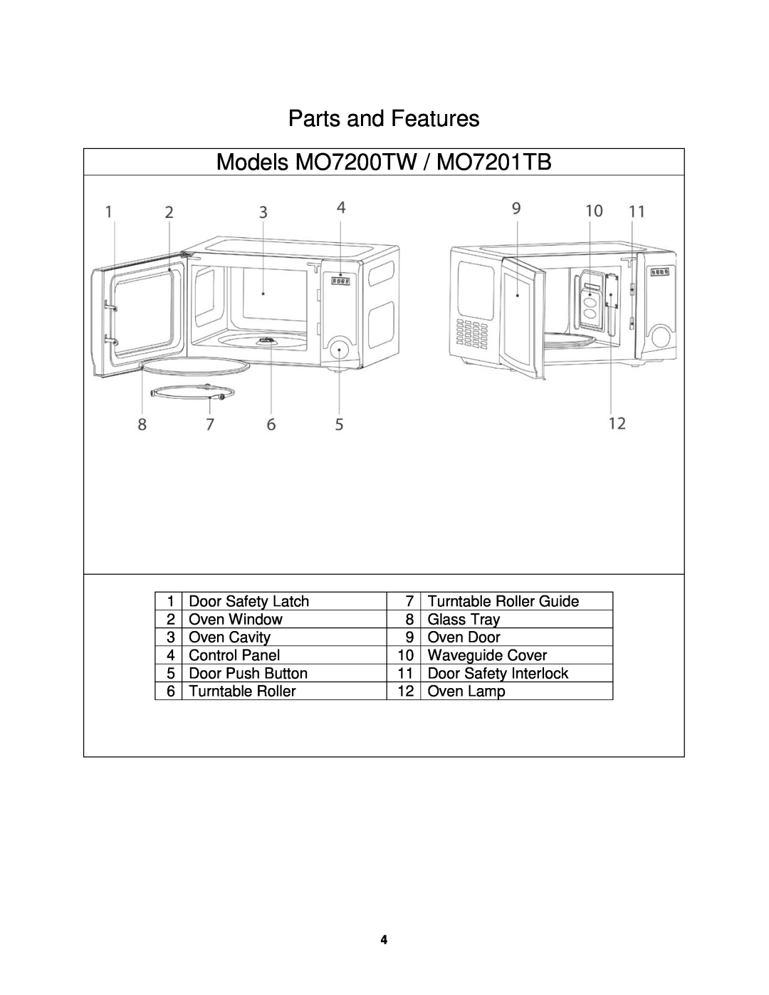 Avanti MO7212SST operating instructions Parts and Features Models MO7200TW / MO7201TB 