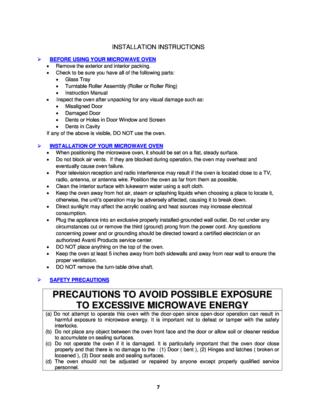 Avanti MO7201TB Precautions To Avoid Possible Exposure, To Excessive Microwave Energy, Before Using Your Microwave Oven 