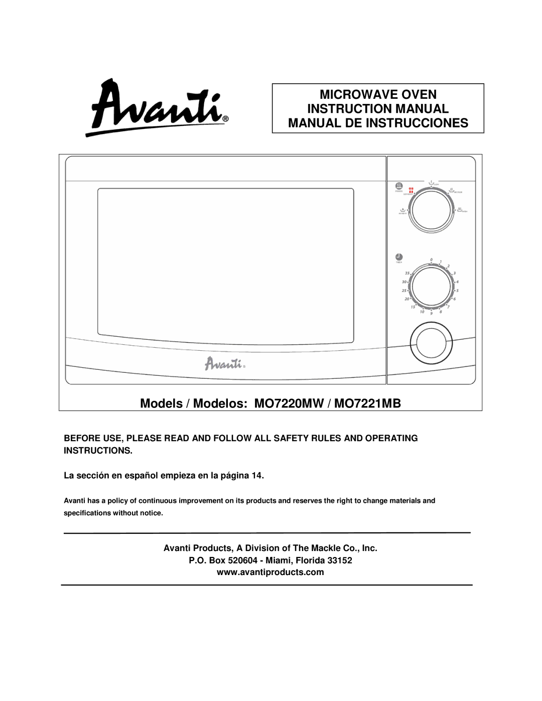 Avanti MO7221MB specifications Microwave Oven Manual DE Instrucciones, La sección en español empieza en la página 