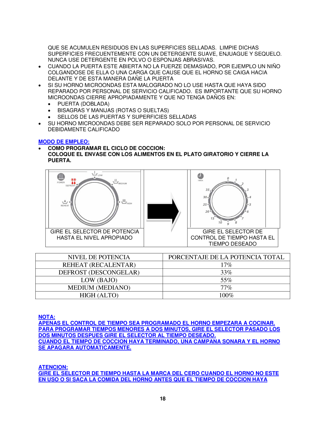 Avanti MO7220MW, MO7221MB specifications High Alto, Modo DE Empleo 