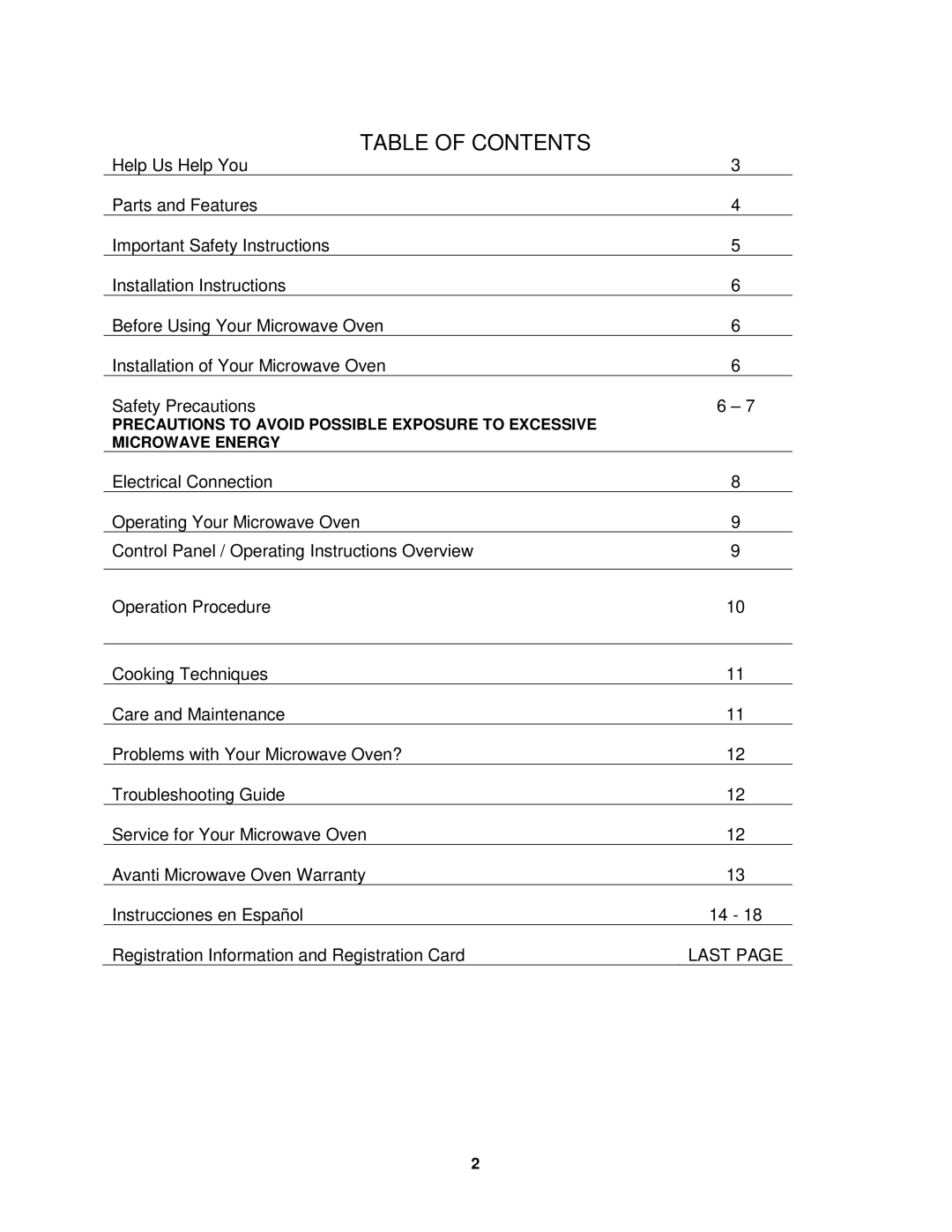 Avanti MO7220MW, MO7221MB specifications Table of Contents 