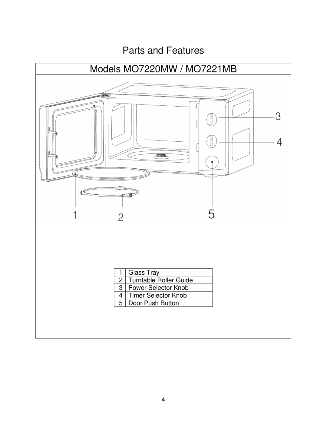 Avanti specifications Parts and Features Models MO7220MW / MO7221MB 