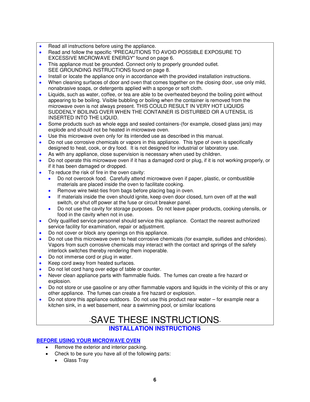 Avanti MO7220MW, MO7221MB specifications Installation Instructions, Before Using Your Microwave Oven 