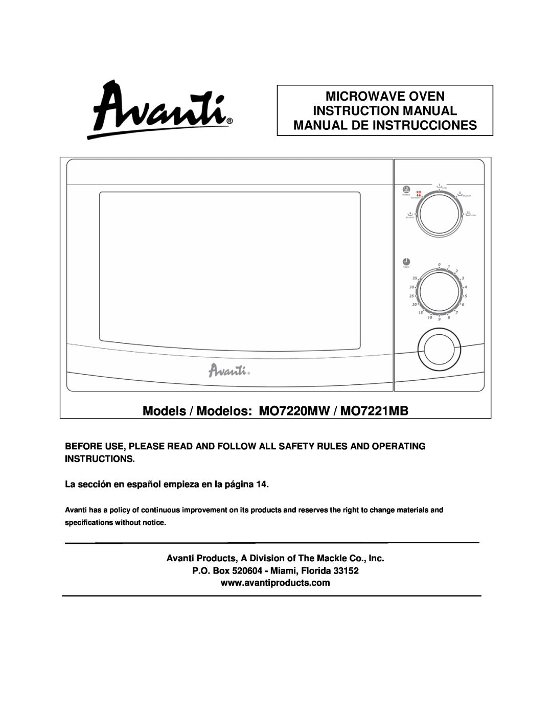 Avanti specifications Manual De Instrucciones, Models / Modelos MO7220MW / MO7221MB, P.O. Box 520604 - Miami, Florida 