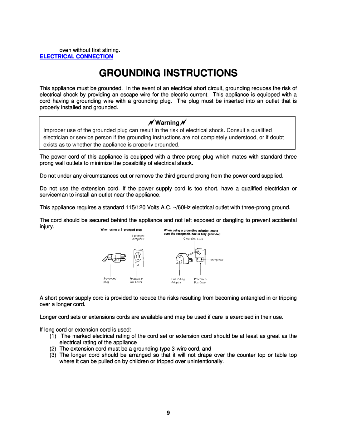 Avanti MO7221MB, MO7220MW specifications Grounding Instructions, Warning 