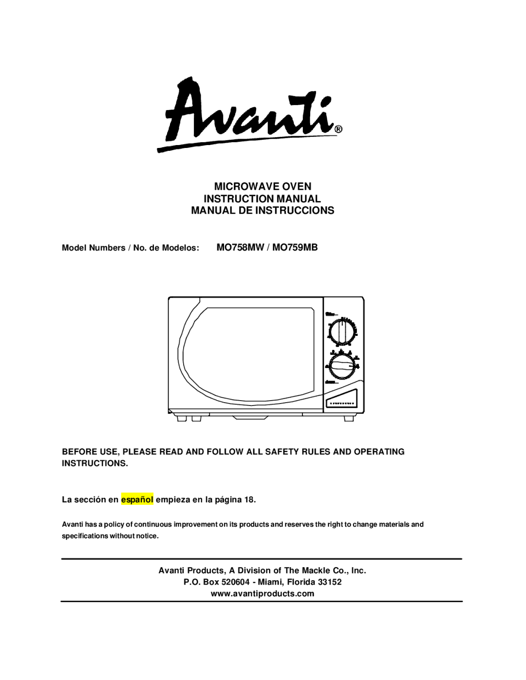 Avanti MO758MW, MO759MB instruction manual Microwave Oven Manual DE Instruccions 