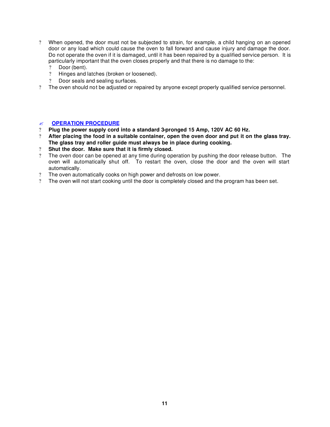 Avanti MO758MW, MO759MB instruction manual ? Operation Procedure 