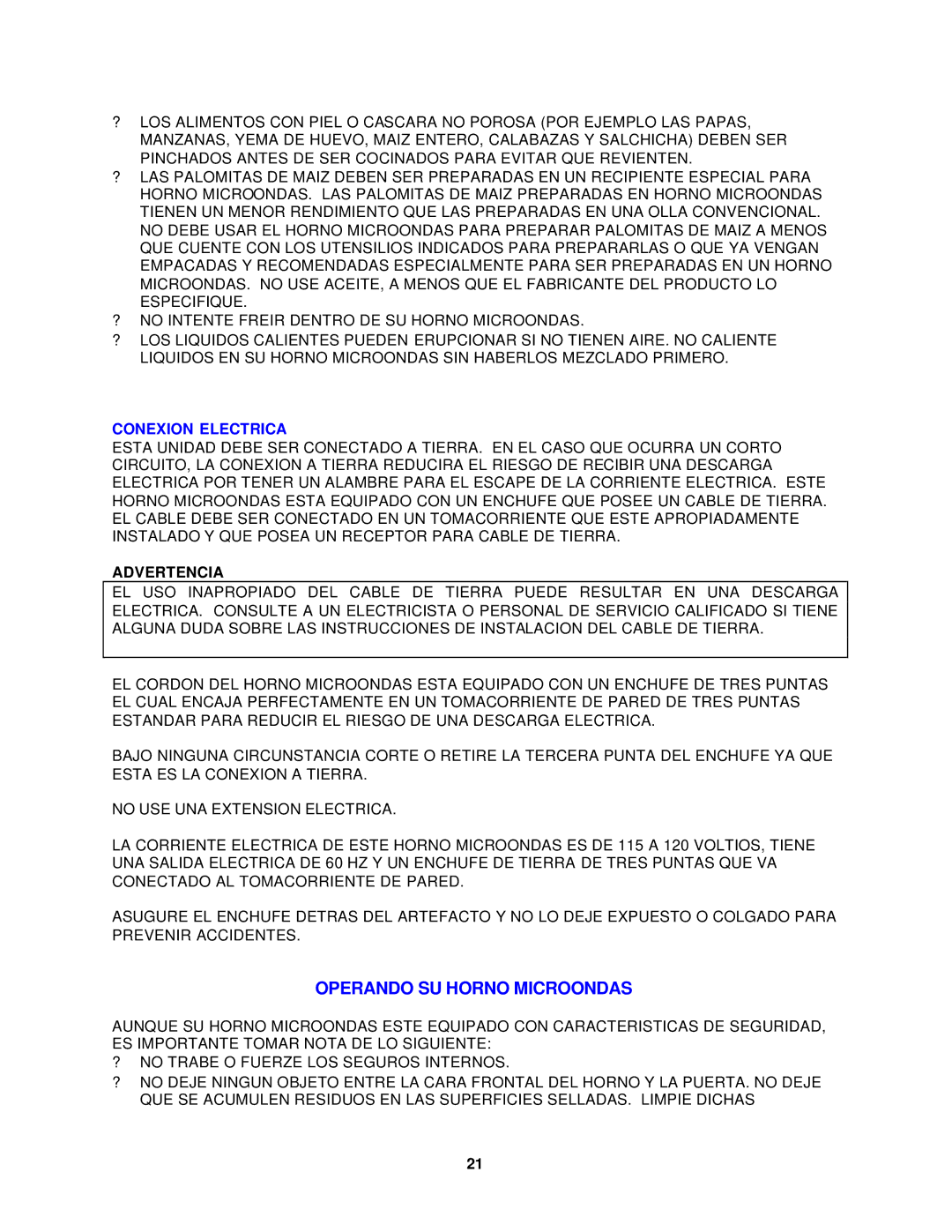 Avanti MO758MW, MO759MB instruction manual Conexion Electrica, Advertencia 