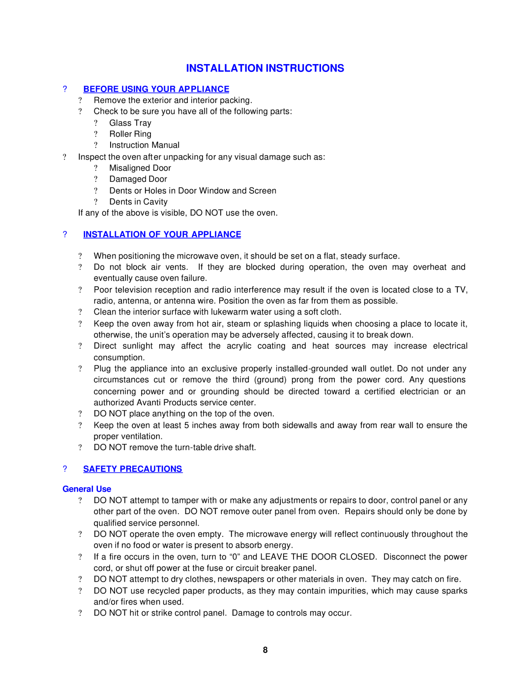 Avanti MO759MB, MO758MW Installation Instructions, ? Before Using Your Appliance, ? Installation of Your Appliance 