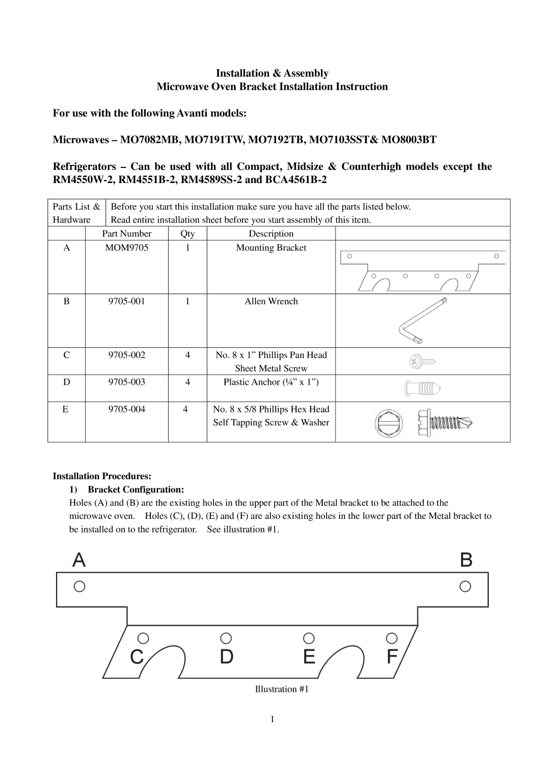 Avanti RM4551B-2, MO8003BT, RM4589SS-2, RM4550W-2, MO7103SST, BCA4561B-2 manual Installation Procedures Bracket Configuration 