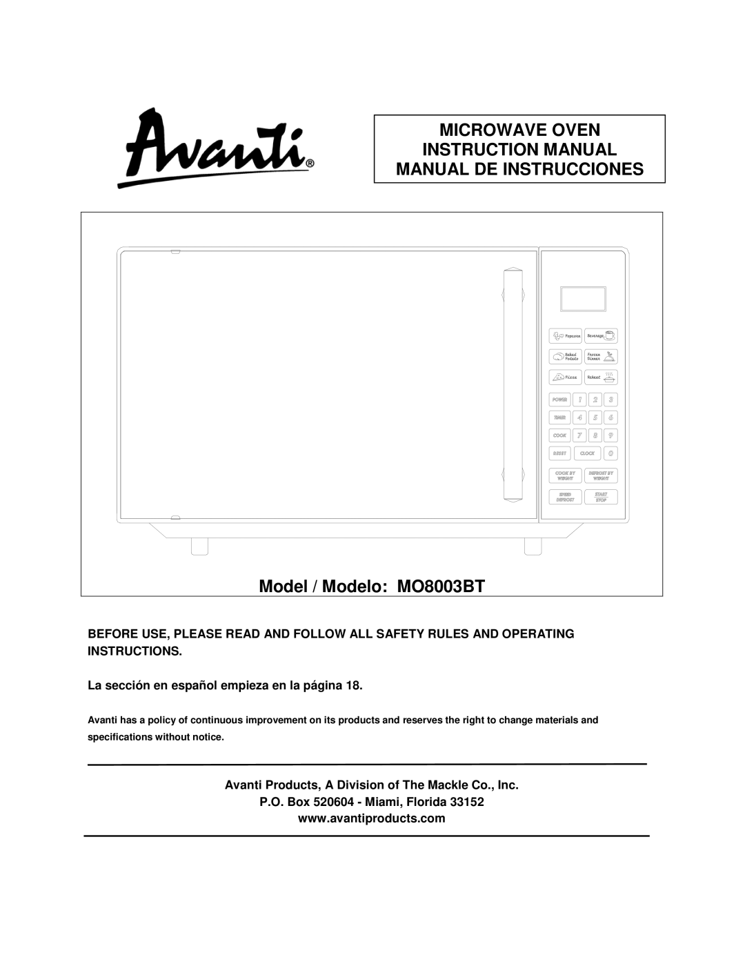 Avanti MO8003BT instruction manual Microwave Oven Manual DE Instrucciones, La sección en español empieza en la página 