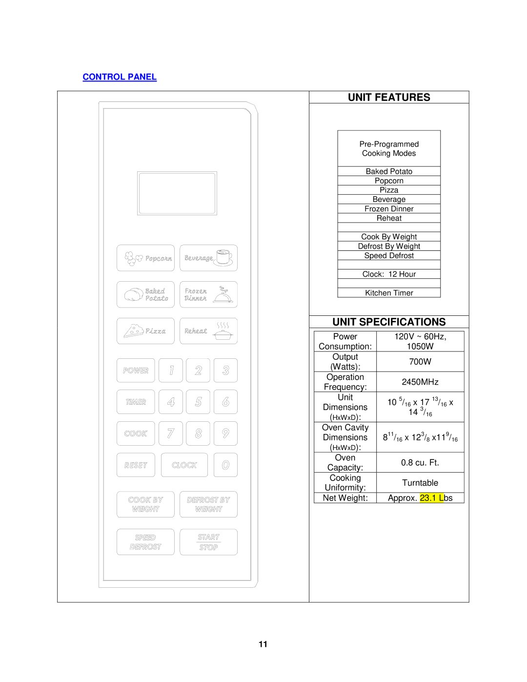 Avanti MO8003BT instruction manual Unit Features, Control Panel 