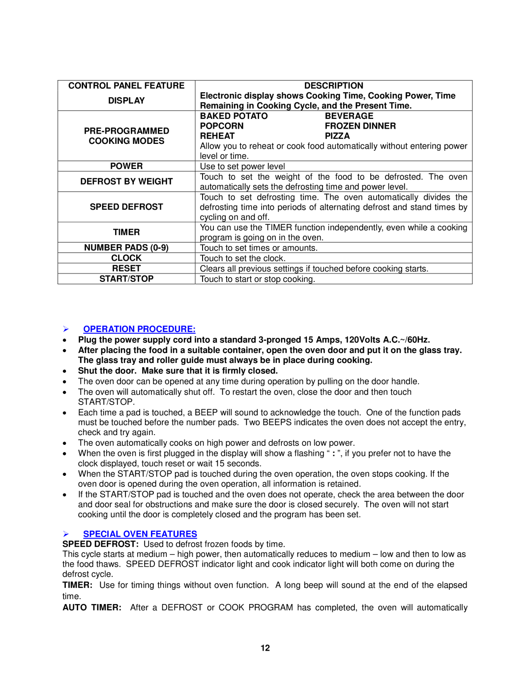 Avanti MO8003BT instruction manual  Operation Procedure,  Special Oven Features 