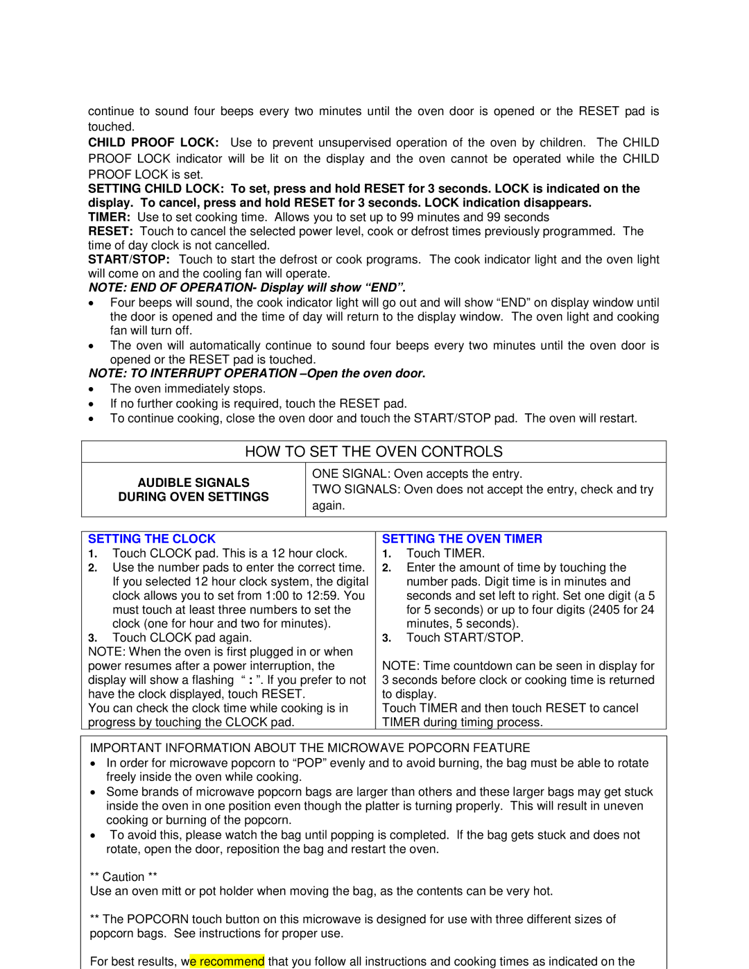 Avanti MO8003BT instruction manual Audible Signals During Oven Settings, Setting the Clock, Setting the Oven Timer 