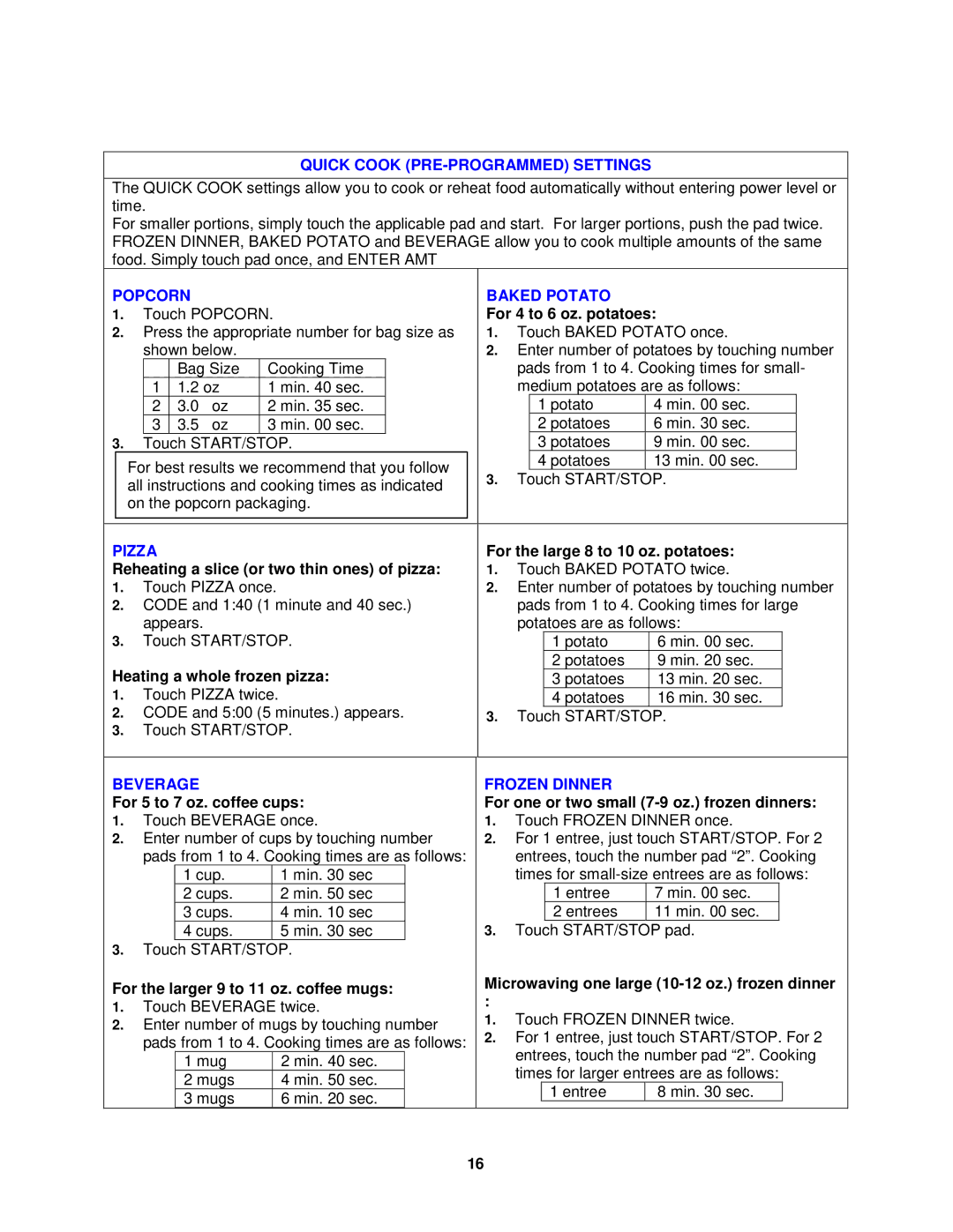 Avanti MO8003BT instruction manual Quick Cook PRE-PROGRAMMED Settings, Popcorn Baked Potato, Pizza, Beverage, Frozen Dinner 