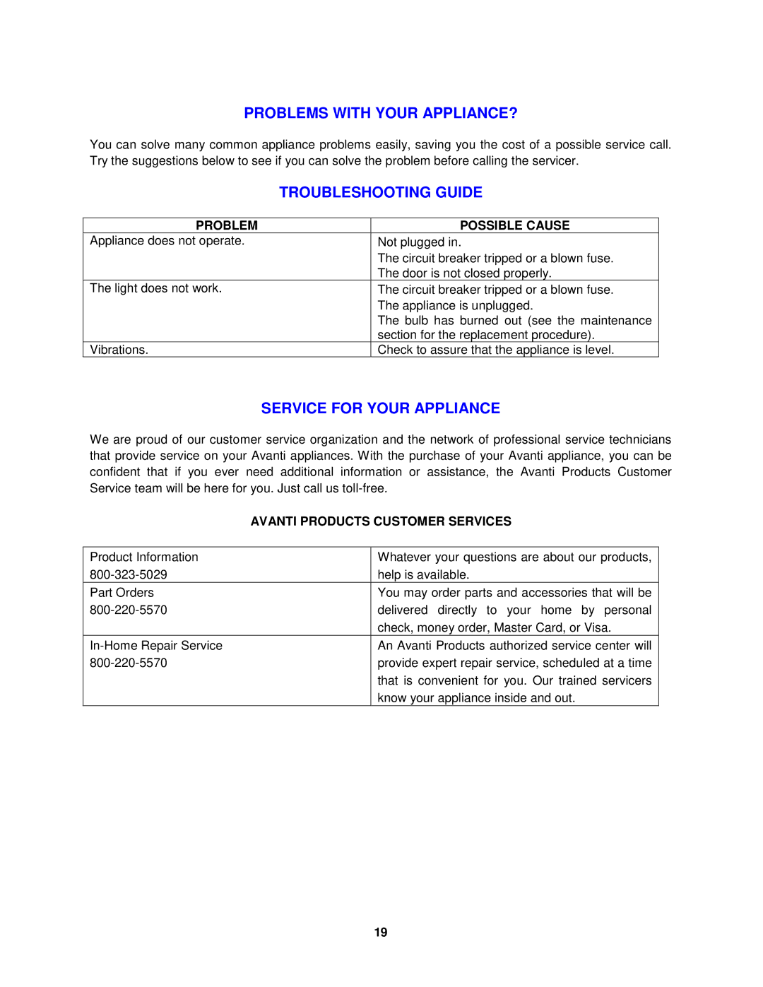 Avanti MO8003BT Problems with Your APPLIANCE?, Troubleshooting Guide, Service for Your Appliance, Problem Possible Cause 