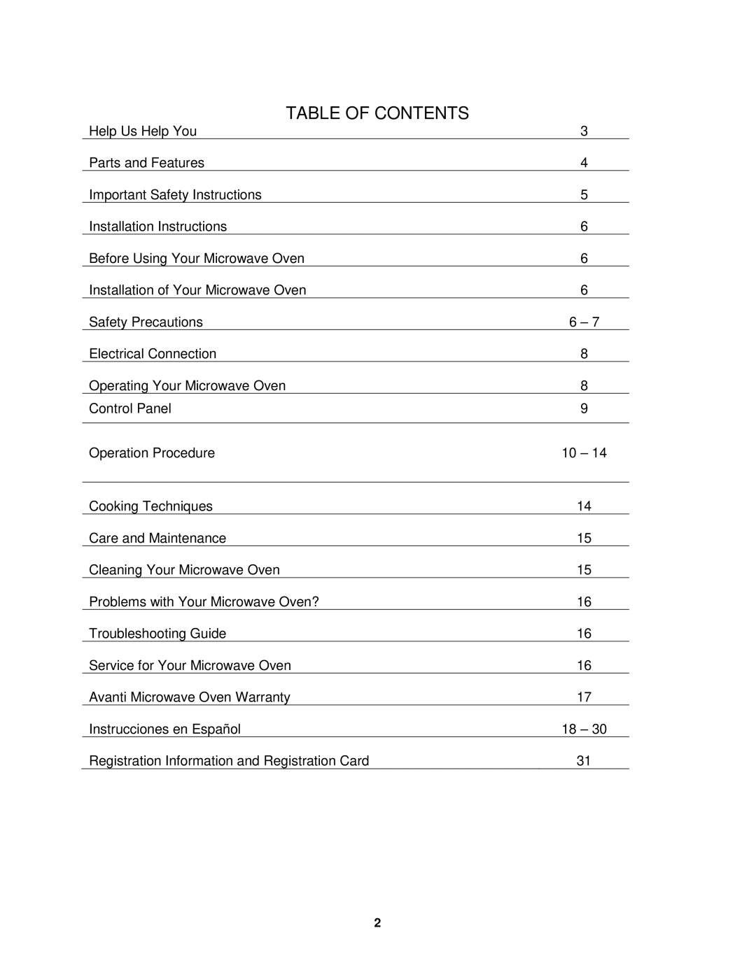 Avanti MO8003BT instruction manual Table of Contents 